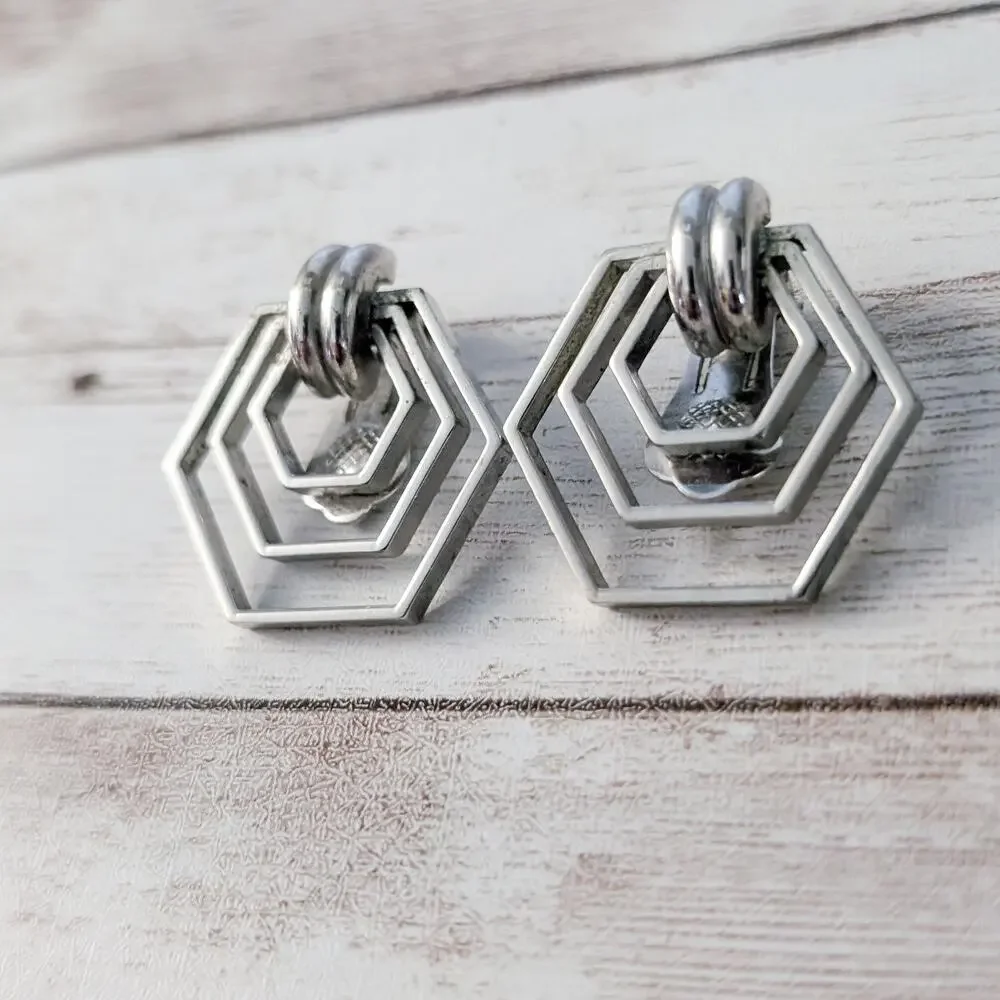 Vintage Clip On Earrings Silver Tone Geometric Large Statement - Picture 3 of 5
